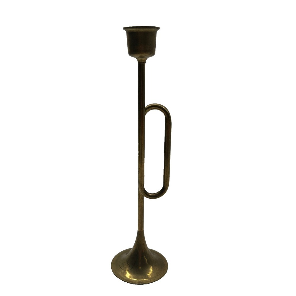 Vintage Brass Bugle Trumpet Candlestick Holder 9 Inch Taper Candle Decor Horn